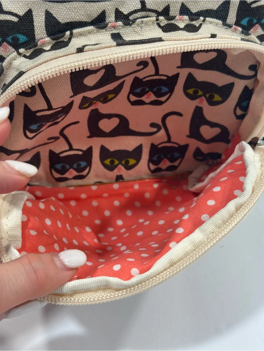 bungalow 360 Cream Mini Backpack with Black Cat Print and Colorful Eyes